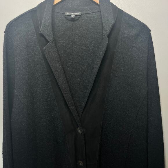 Eileen Fisher Coat Wool Lamb Leather Trim Black Button Front Office Pockets Xl - Picture 2 of 9